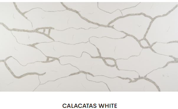 A close up of a calacatas white counter top