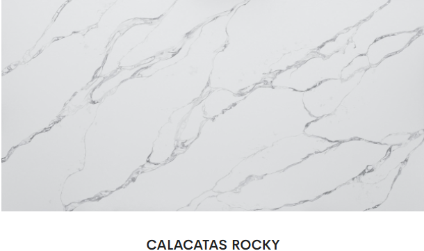 A close up of a white marble slab with black veins.