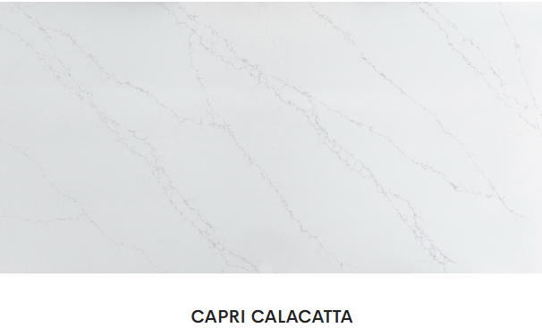 A close up of a white counter top with the word capri calacatta on it.
