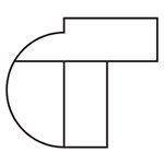 A black and white drawing of a letter t with a circle around it.