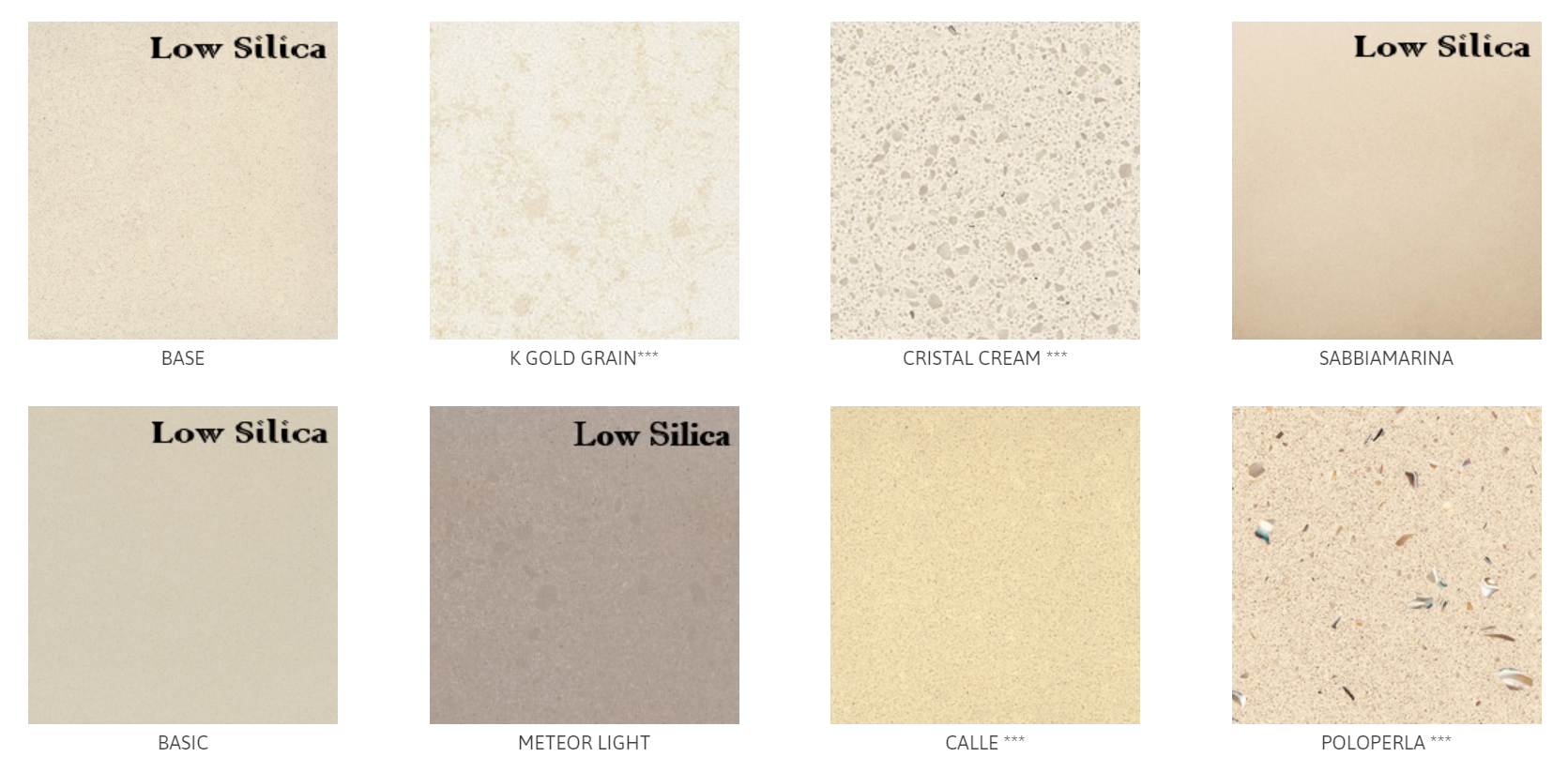 A collage of different types of tiles with the words low silica on them