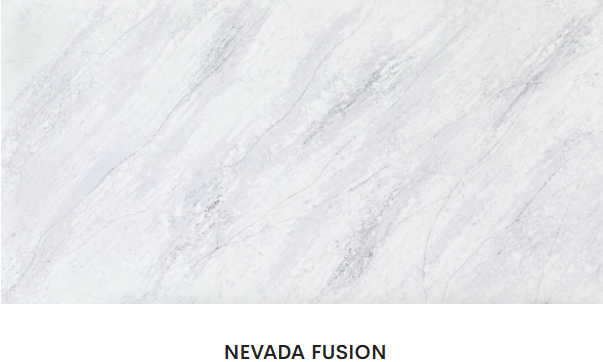 A close up of a white marble tile with the words `` nevada fusion '' written on it.