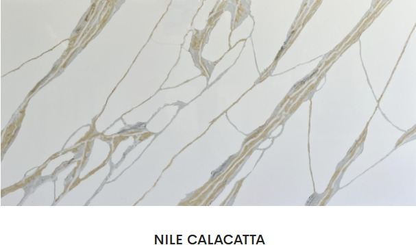 A close up of a marble slab that says nile calacatta
