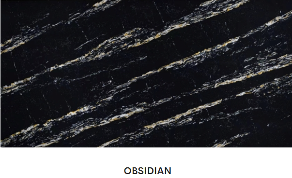 A close up of a black and white marble slab with the word obsidian on the bottom.