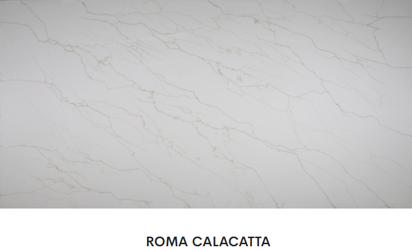 A white marble counter top with the name roma calacatta on it.