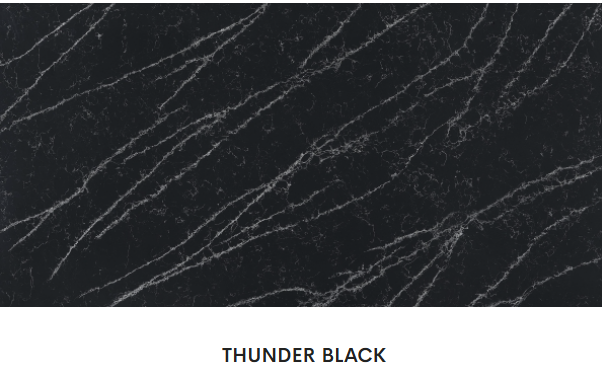 A close up of a black marble slab with the words `` thunder black '' written on it.