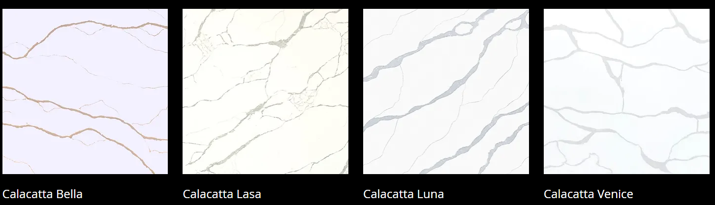 Four different types of white marble are shown on a black background.