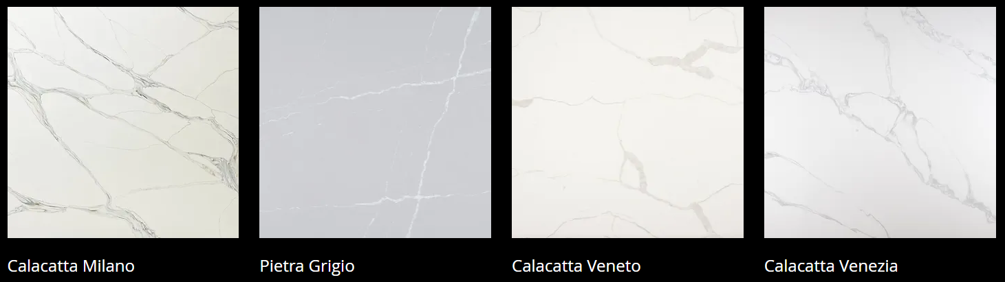 A picture of four different types of white marble tiles.