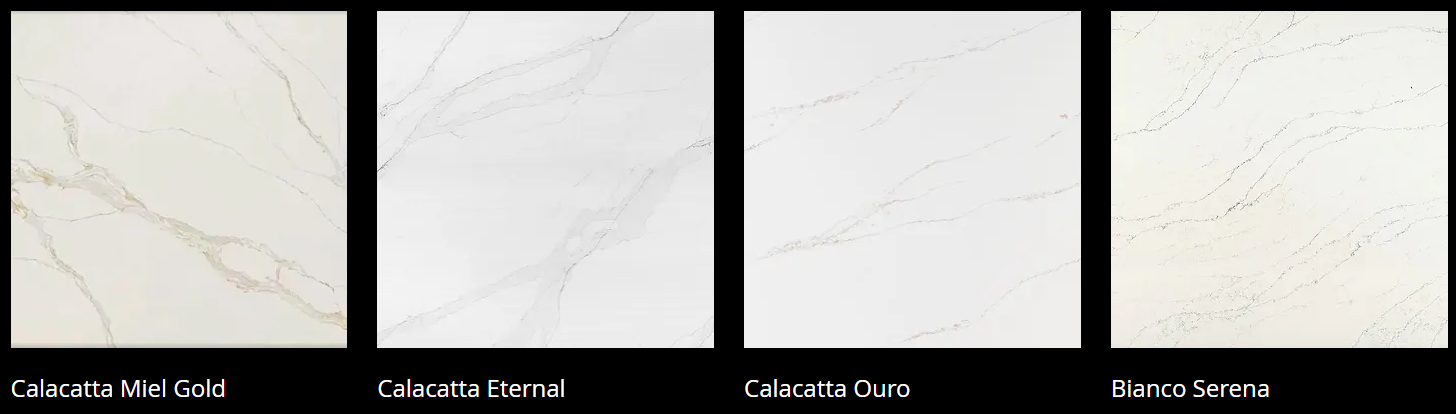 Four different types of white marble tiles are lined up in a row.