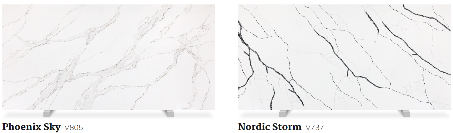 Two white marble slabs with black veins on a white background.