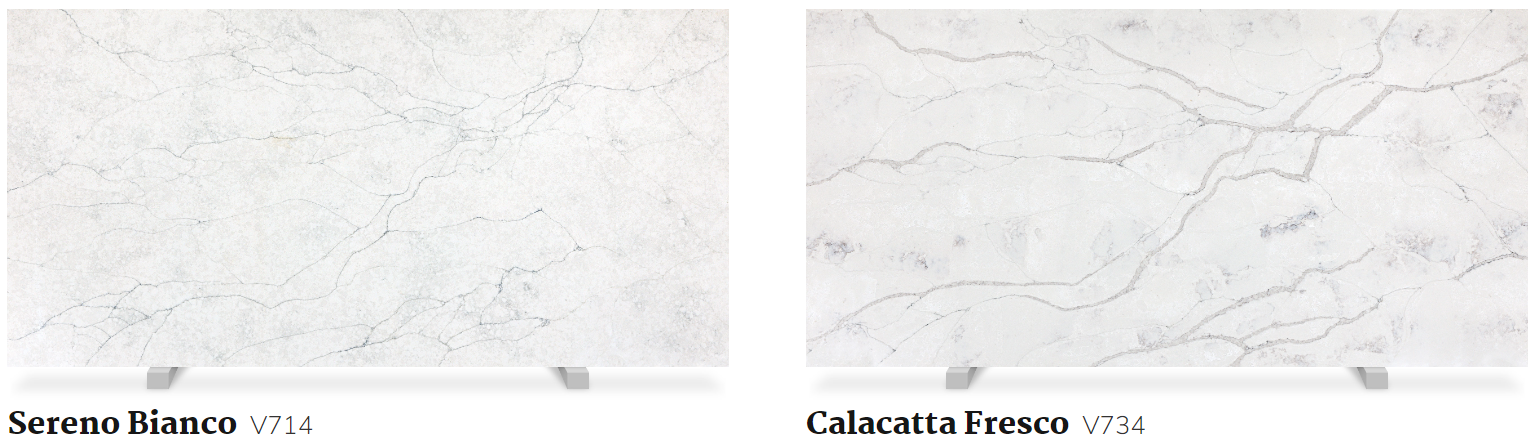 Two white marble slabs are sitting next to each other on a table.