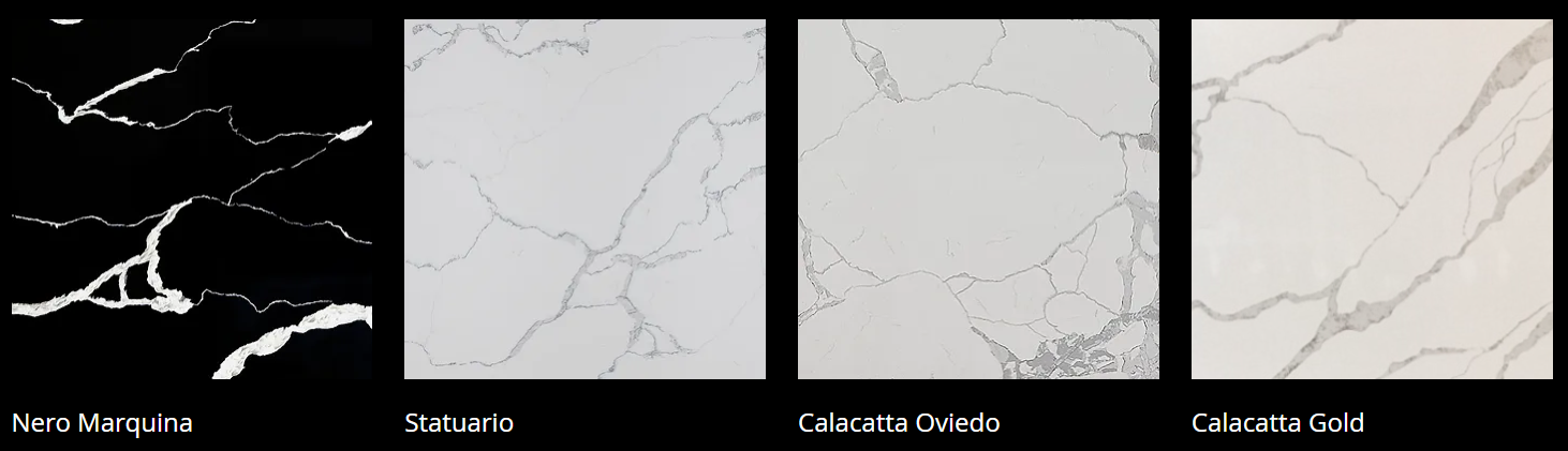 Four different types of marble are shown on a black background.