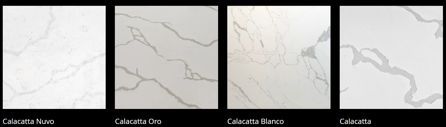 Four different types of white marble tiles are shown