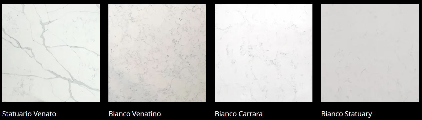 Four different types of white marble tiles are shown