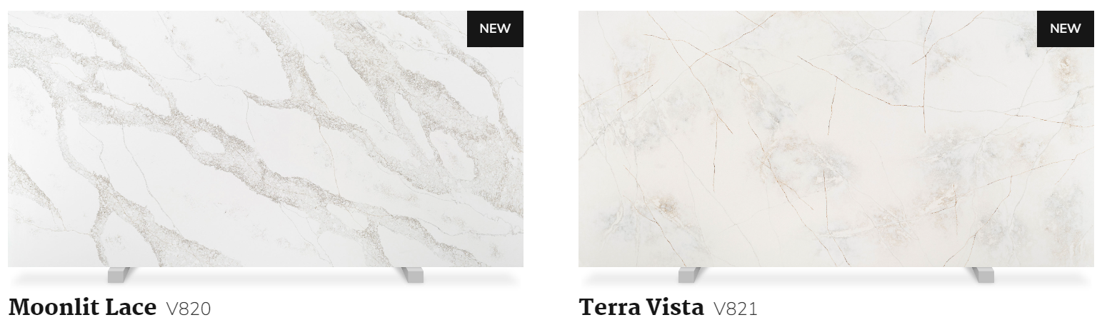 Two white marble slabs are displayed next to each other