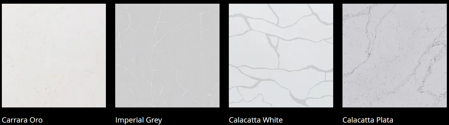 Four different types of white marble are shown on a black background.