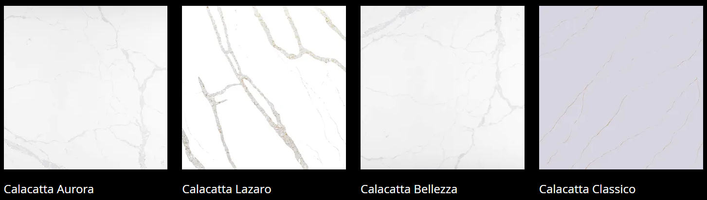 Four different types of white marble are shown on a black background.