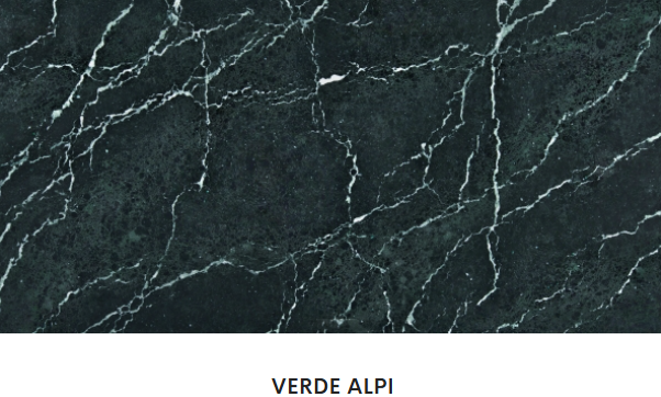 A black marble tile with white veins and the word verde alpi on the bottom