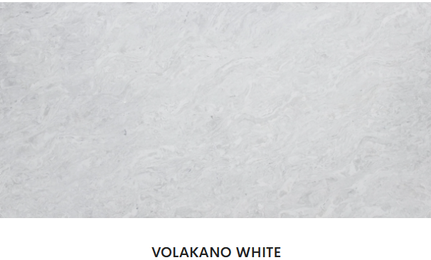 A close up of a white tile with the word volkano white on it.