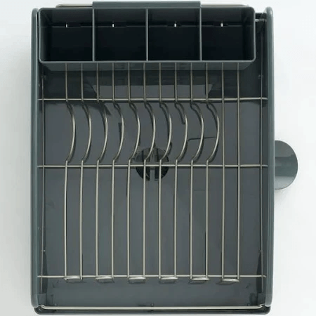 A gray dish drying rack with stainless steel utensils