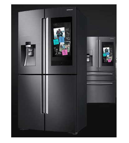 A black refrigerator with a screen on the door