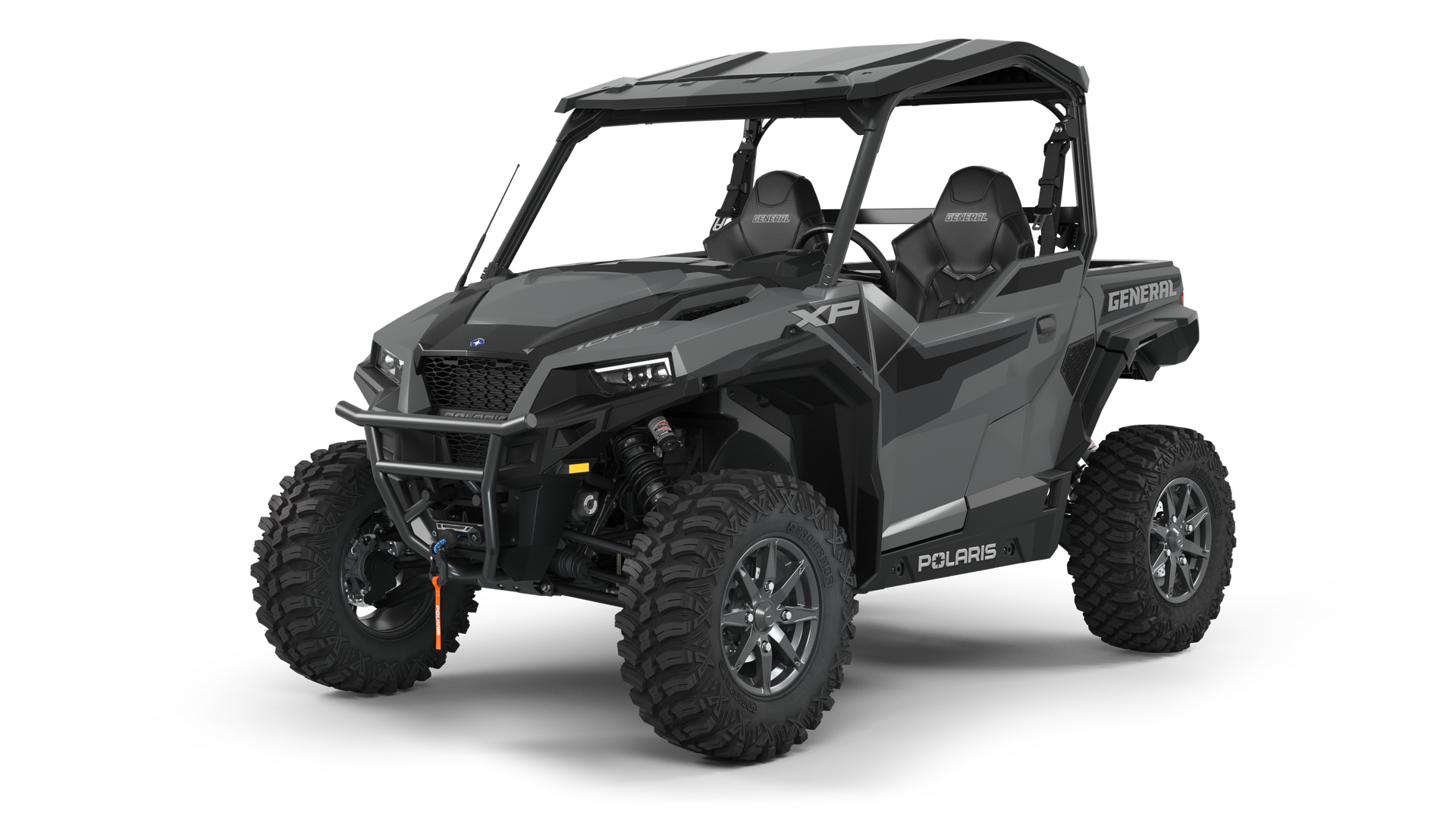 Gray Polaris General X-P off-road vehicle with a roll cage and rugged tires.