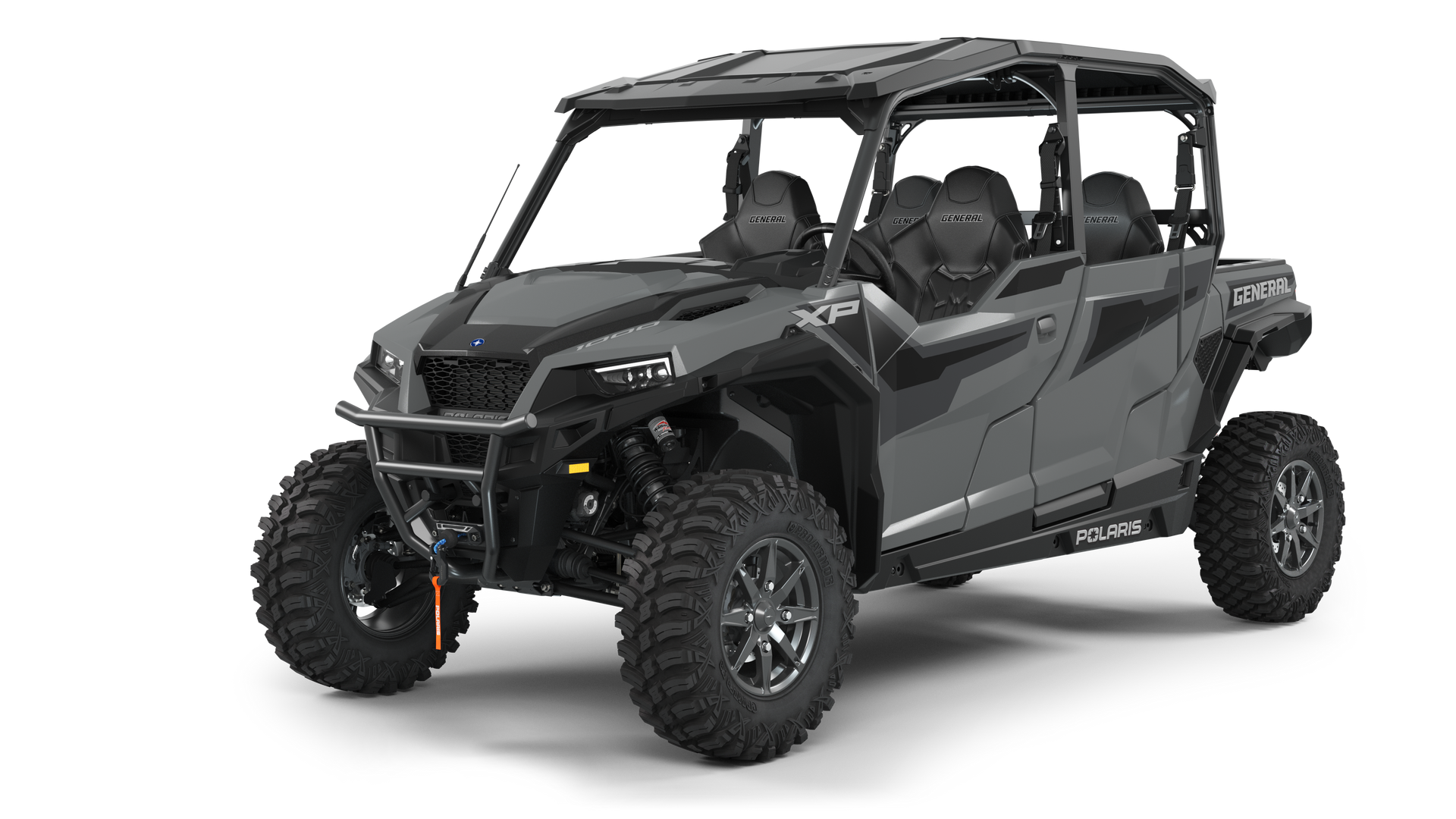 Dark gray Polaris GENERAL XP 4 four-seater off-road vehicle on a white background.