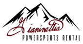 A logo for Giannetti 's powersports rental with a mountain in the background