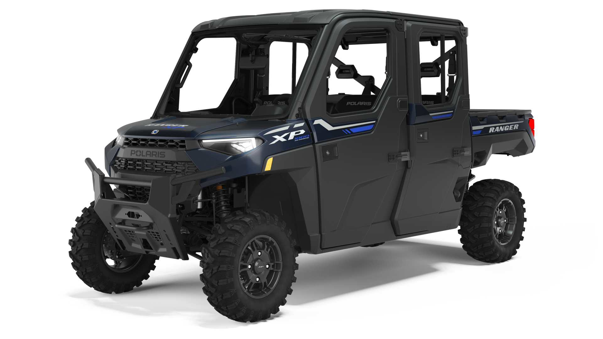 Dark blue Polaris Ranger XP 1000 Crew side-by-side vehicle, off-road ready.