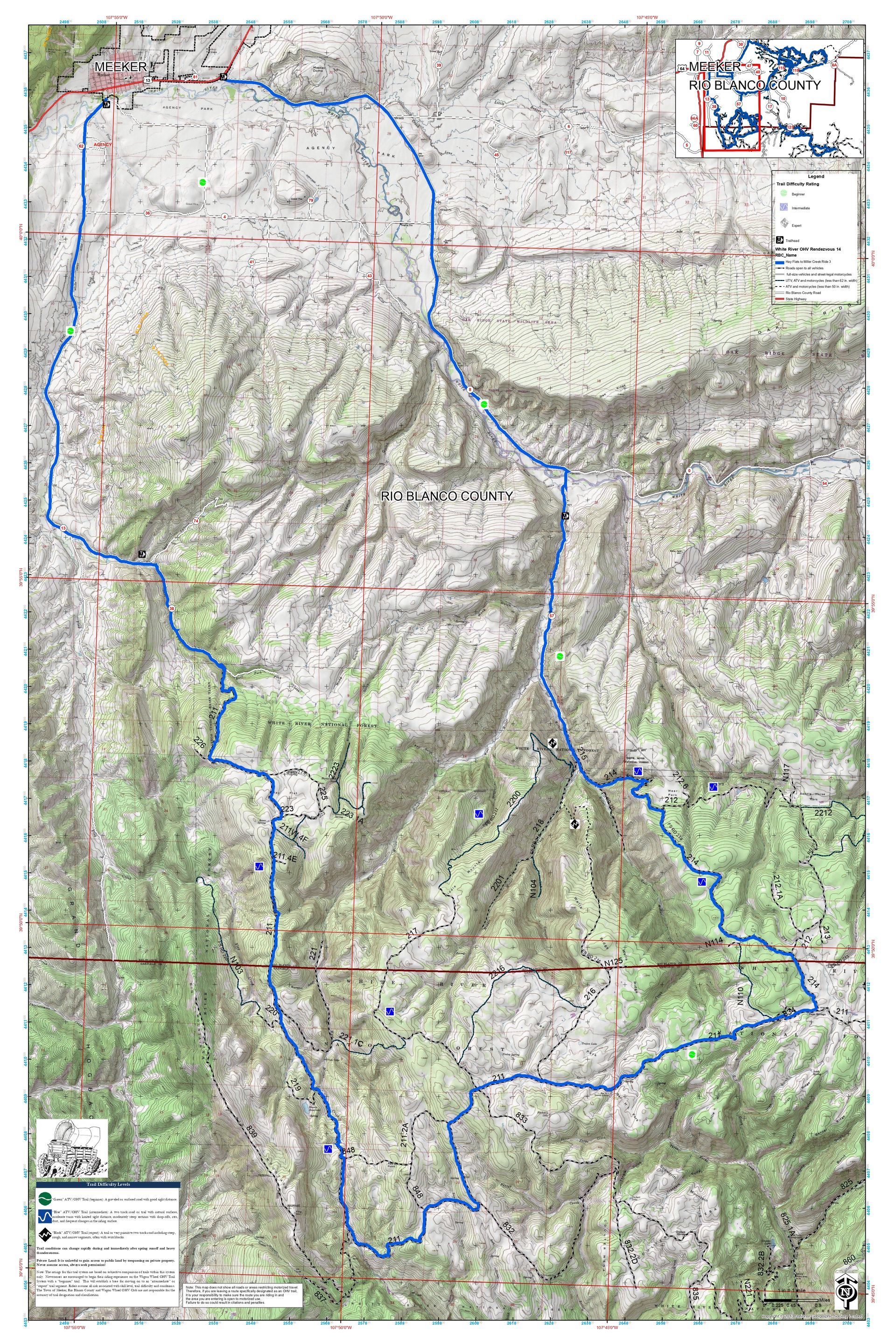A map of hay flats to miller creek loop, a mountain range with a blue line on it.