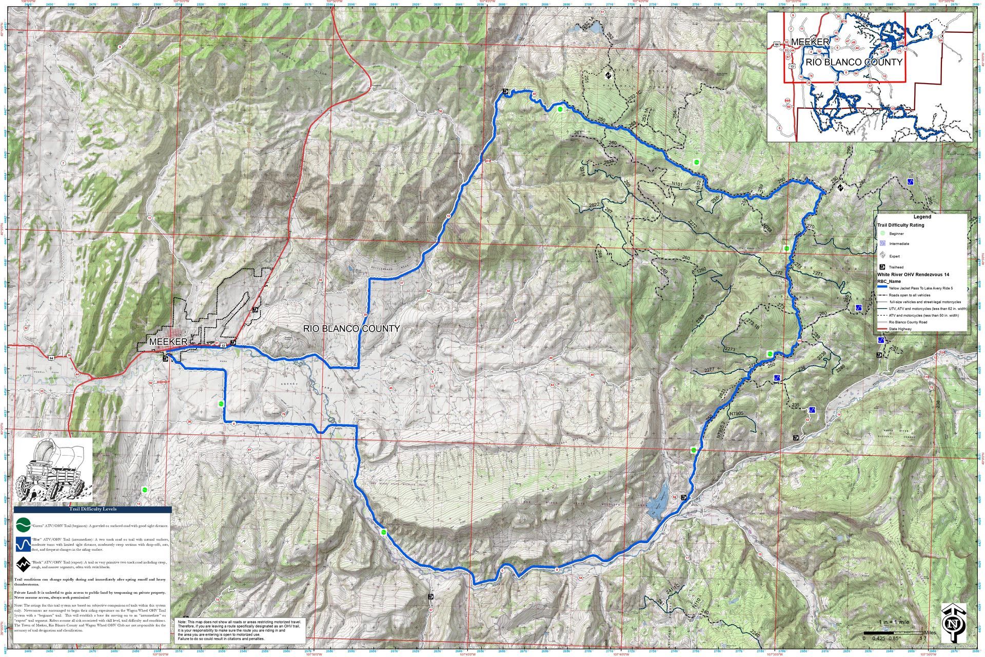 A map of yellow jacket to lake avery, a mountain range with a blue circle in the middle.