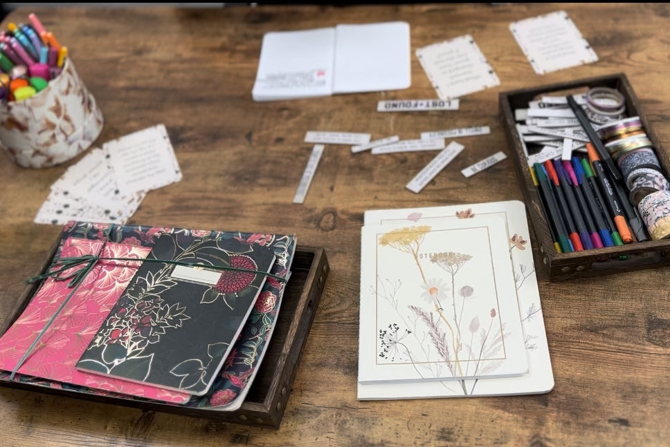 Materials for a journaling workshop, including notebooks, pens, and prompts.