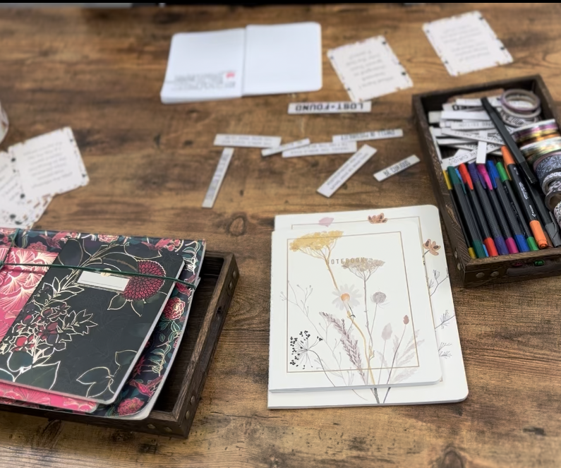 Materials for a journaling workshop, including notebooks, pens, and prompts.