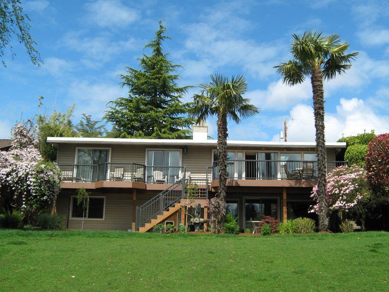 Tan house with a deck and stairs, palm trees, and green lawn under a blue sky.