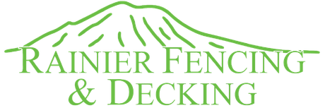 Green logo: mountain outline over "Rainier Fencing & Decking."