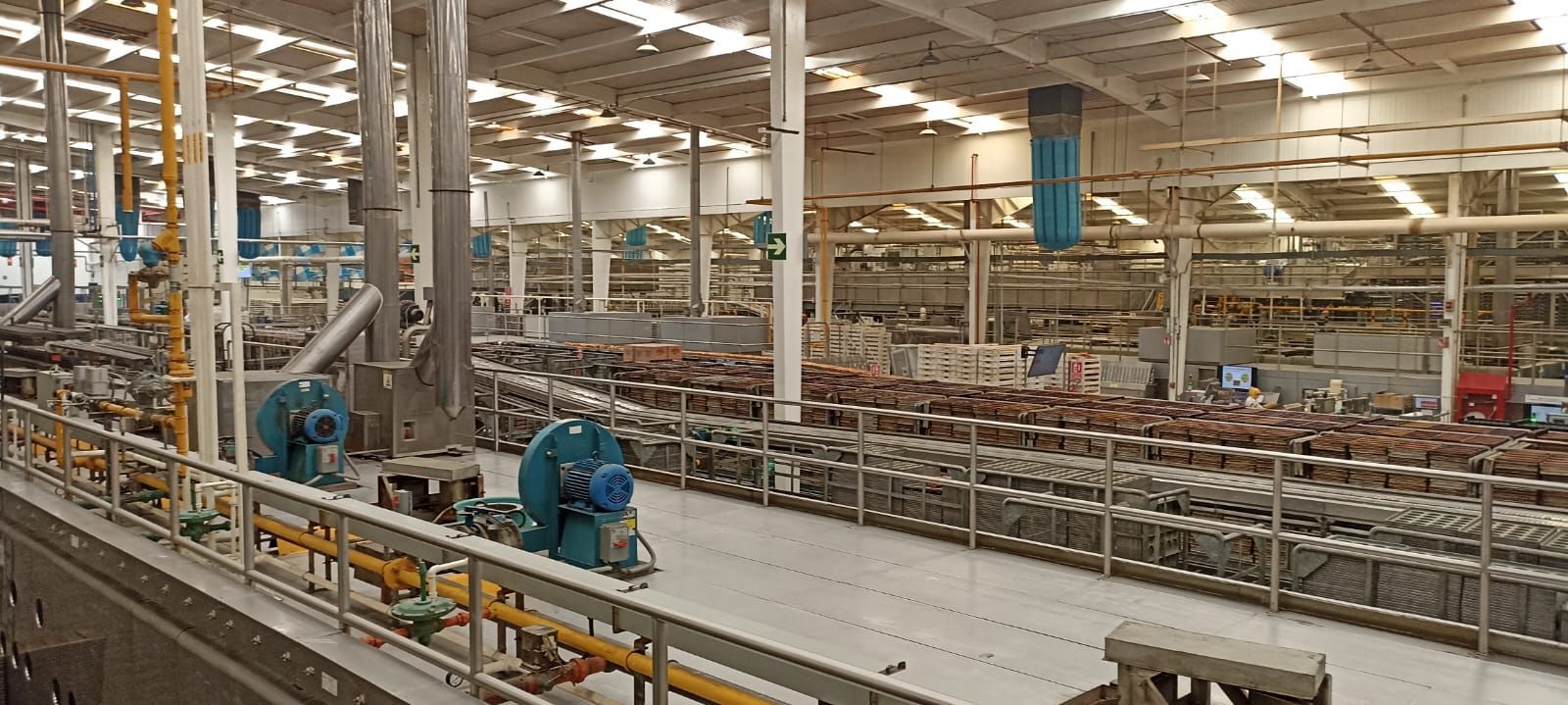 Trabajadores con uniformes azules en una línea de producción automatizada dentro de un gran almacén industrial.