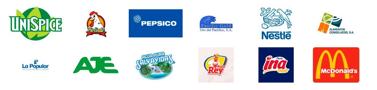 Logotipos de empresas dispuestos sobre un fondo blanco, entre ellos PepsiCo, Unilever, AJE, Nestlé y McDonald's.