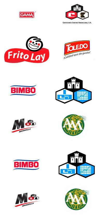Collage de logotipos de marcas de alimentos, incluyendo Frito-Lay, Toledo, Bimbo y A&W, sobre un fondo blanco.