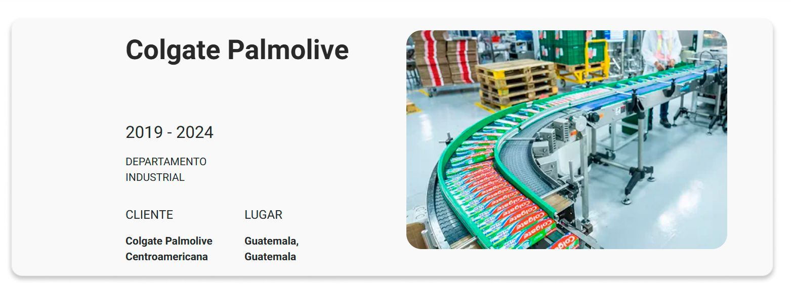 Diapositiva de Colgate Palmolive con una colorida cinta transportadora de fábrica y una línea de producción a la derecha.