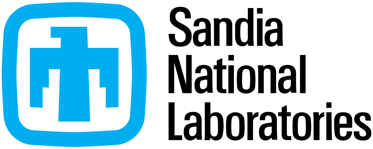 The logo for sandia national laboratories is blue and white with a cross in the middle.