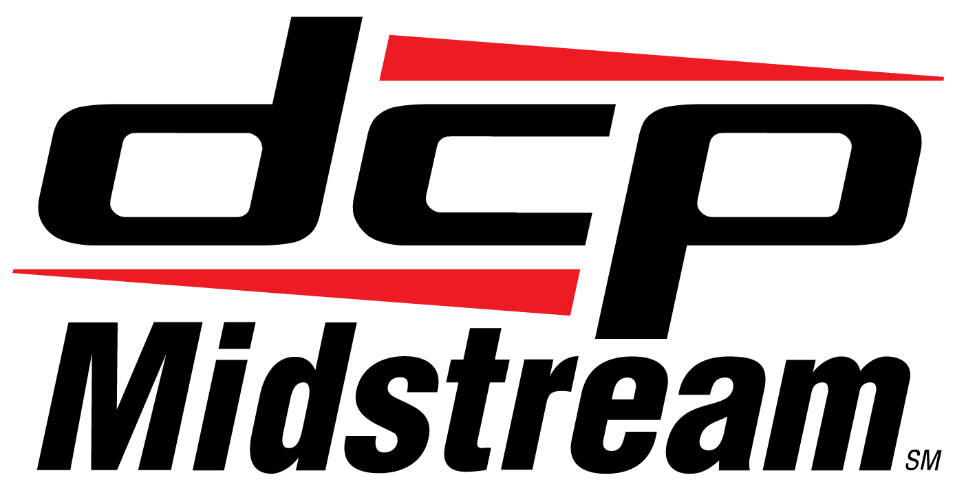 A black and red logo for dcp midstream on a white background.