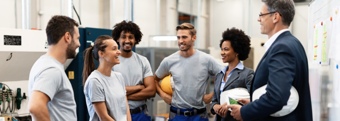 happy team members talk to management