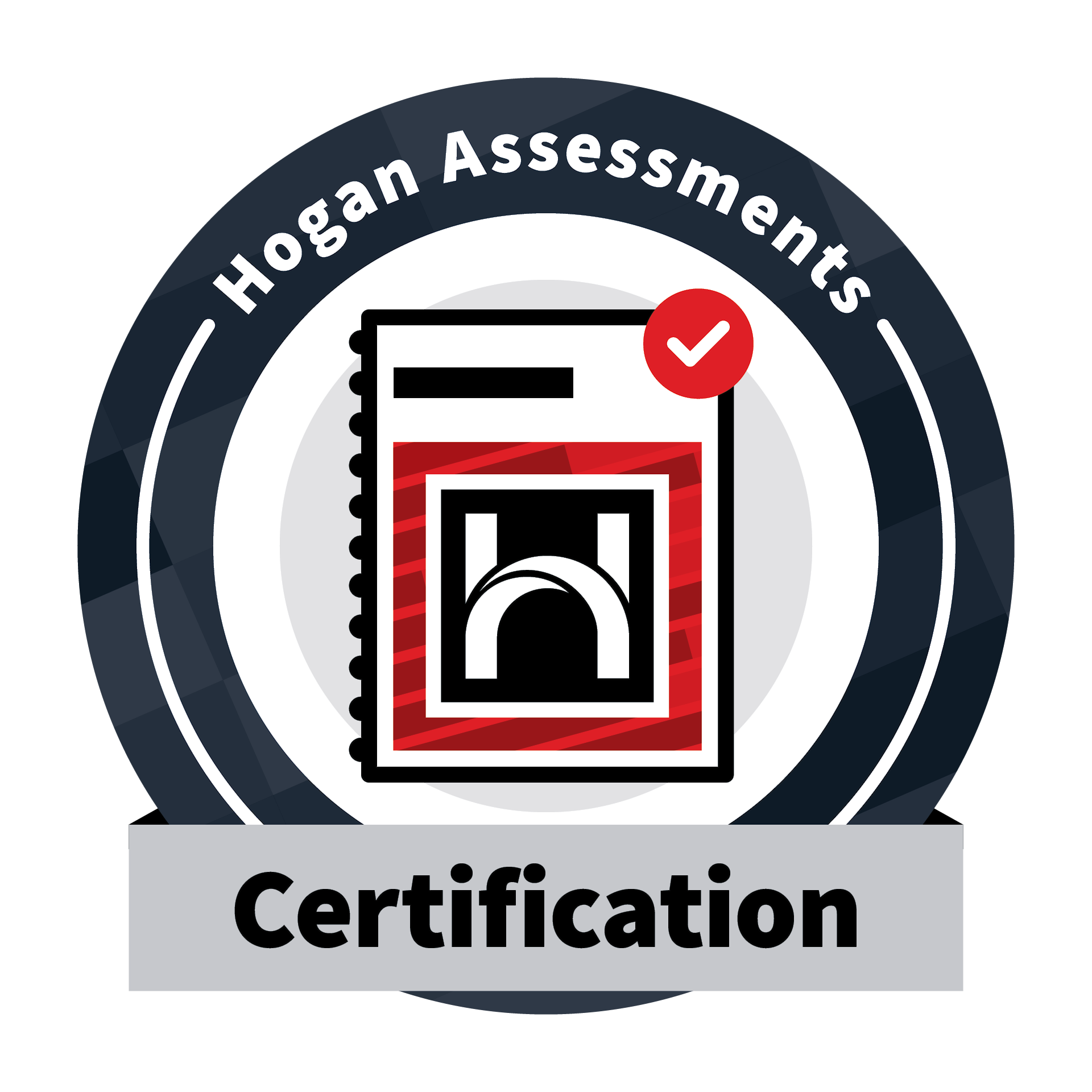 The logo for hogan assessments certification shows a book with a check mark on it.