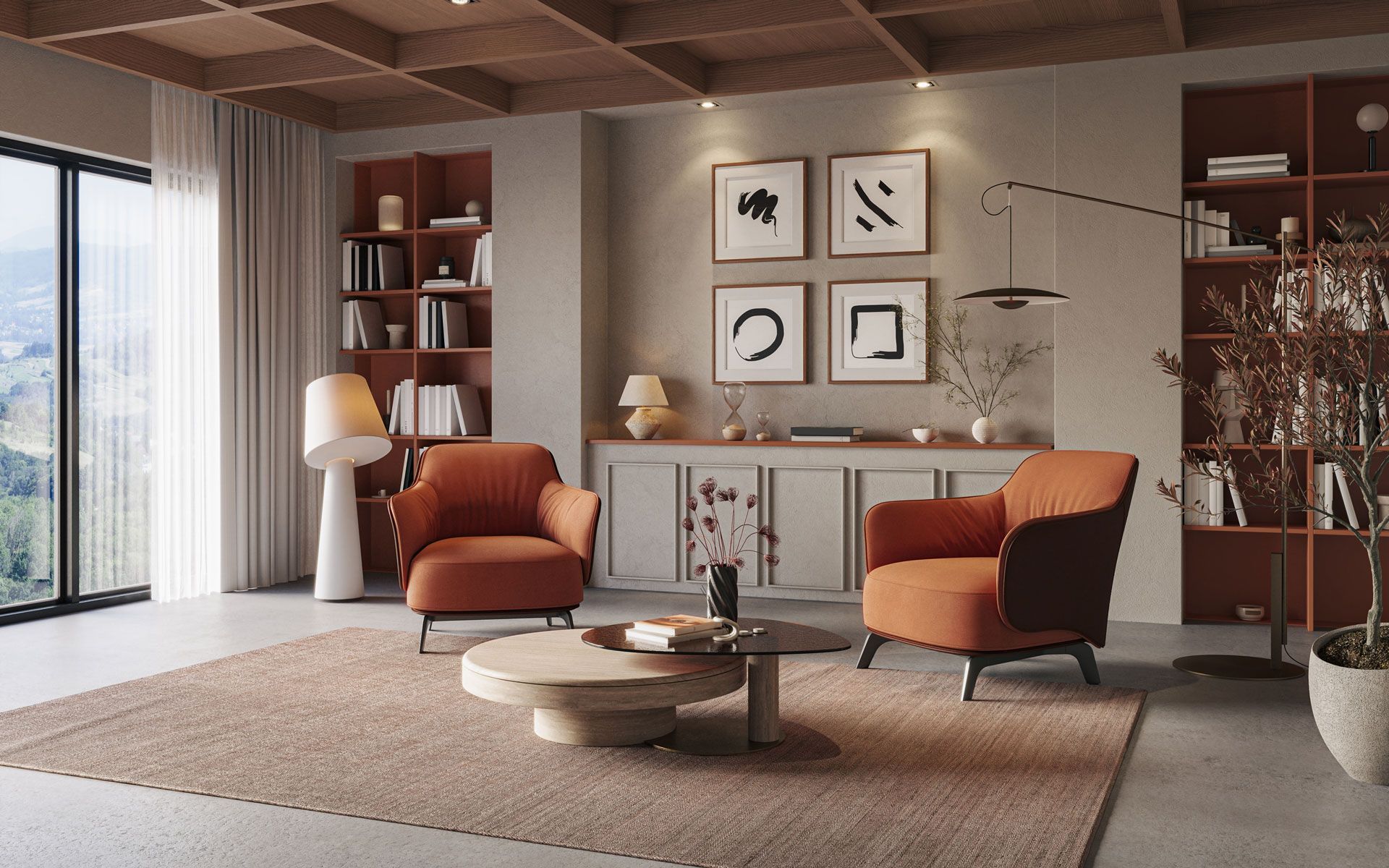 Cozy living room with rust-colored armchairs, bookshelves, and a coffee table on a rug.