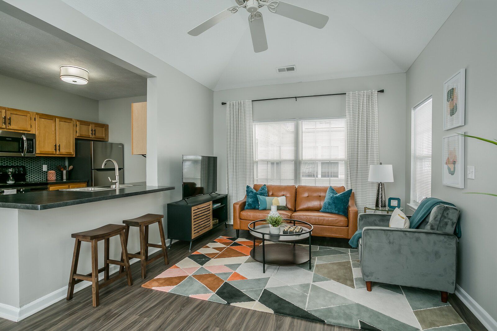 Living room with vaulted ceilings