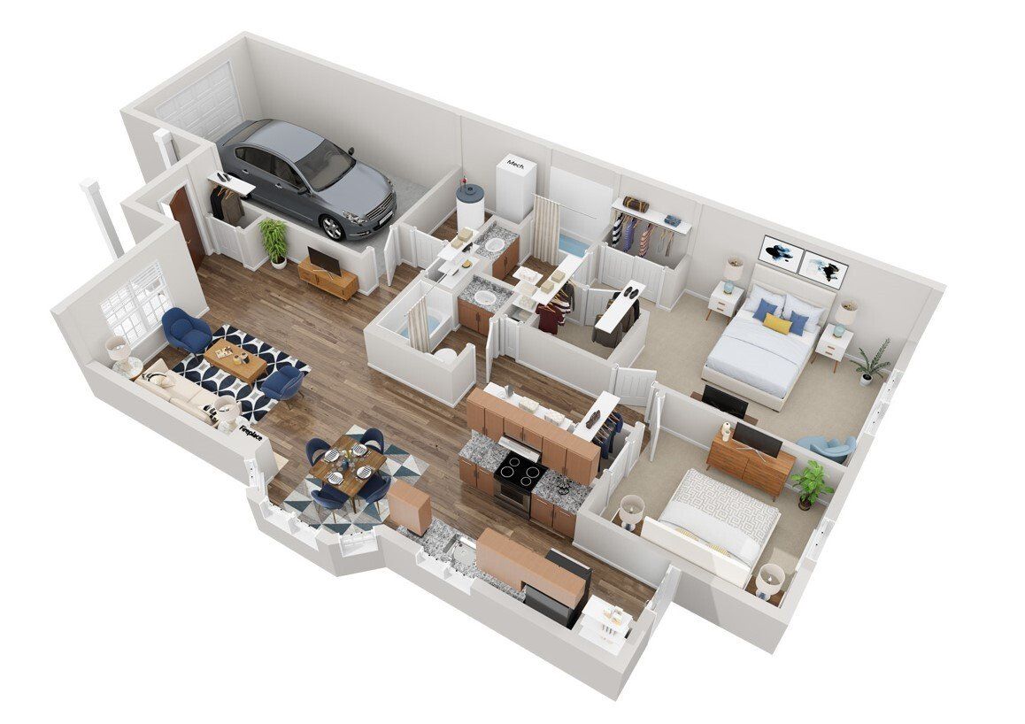 2 Bedroom 2 Bathroom Floorplan with Attached Garage