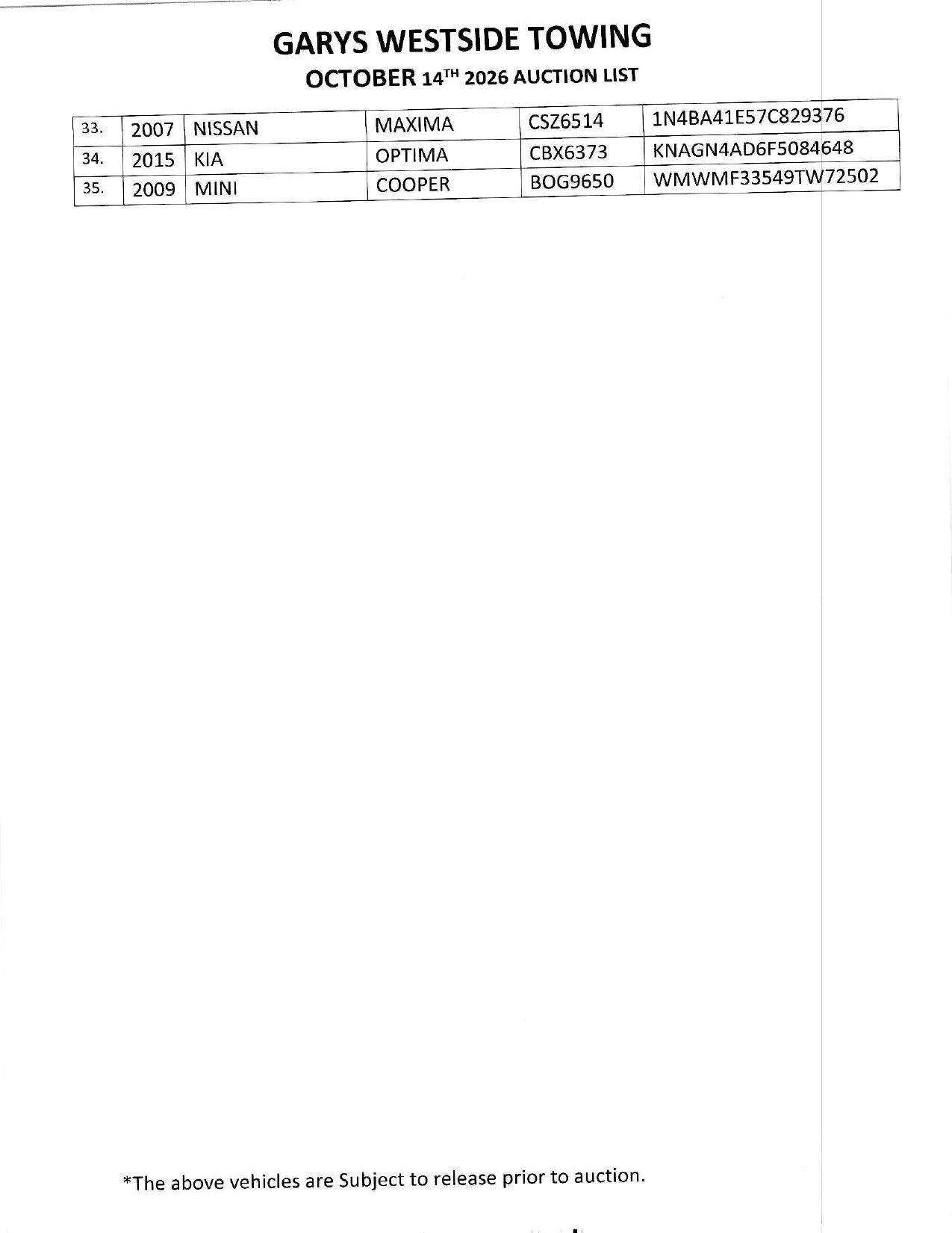 Table titled “Gary’s Westside Towing” showing towing/service rates and details.
