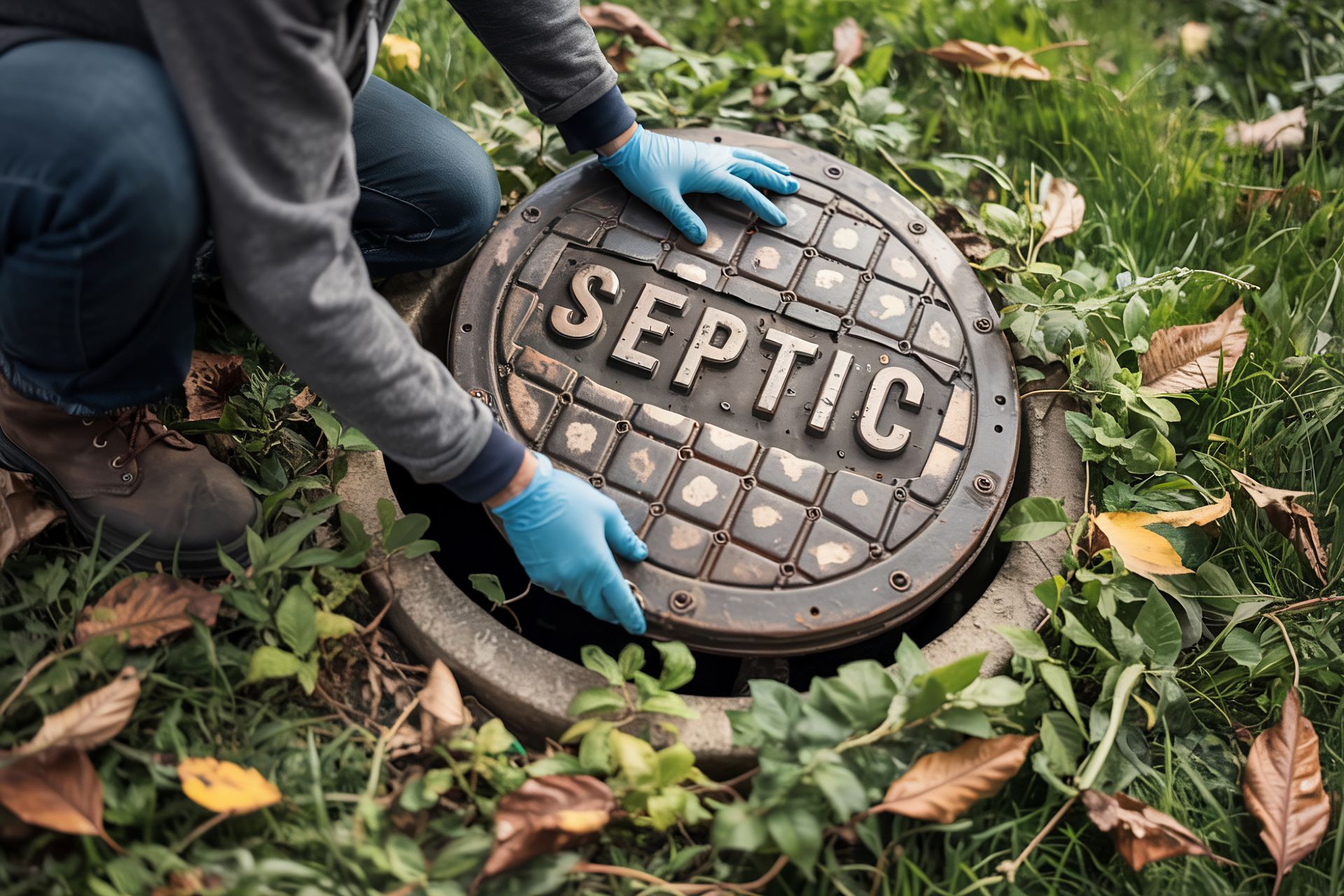 A secure septic tank cover being placed by hand, offering expert septic system solutions