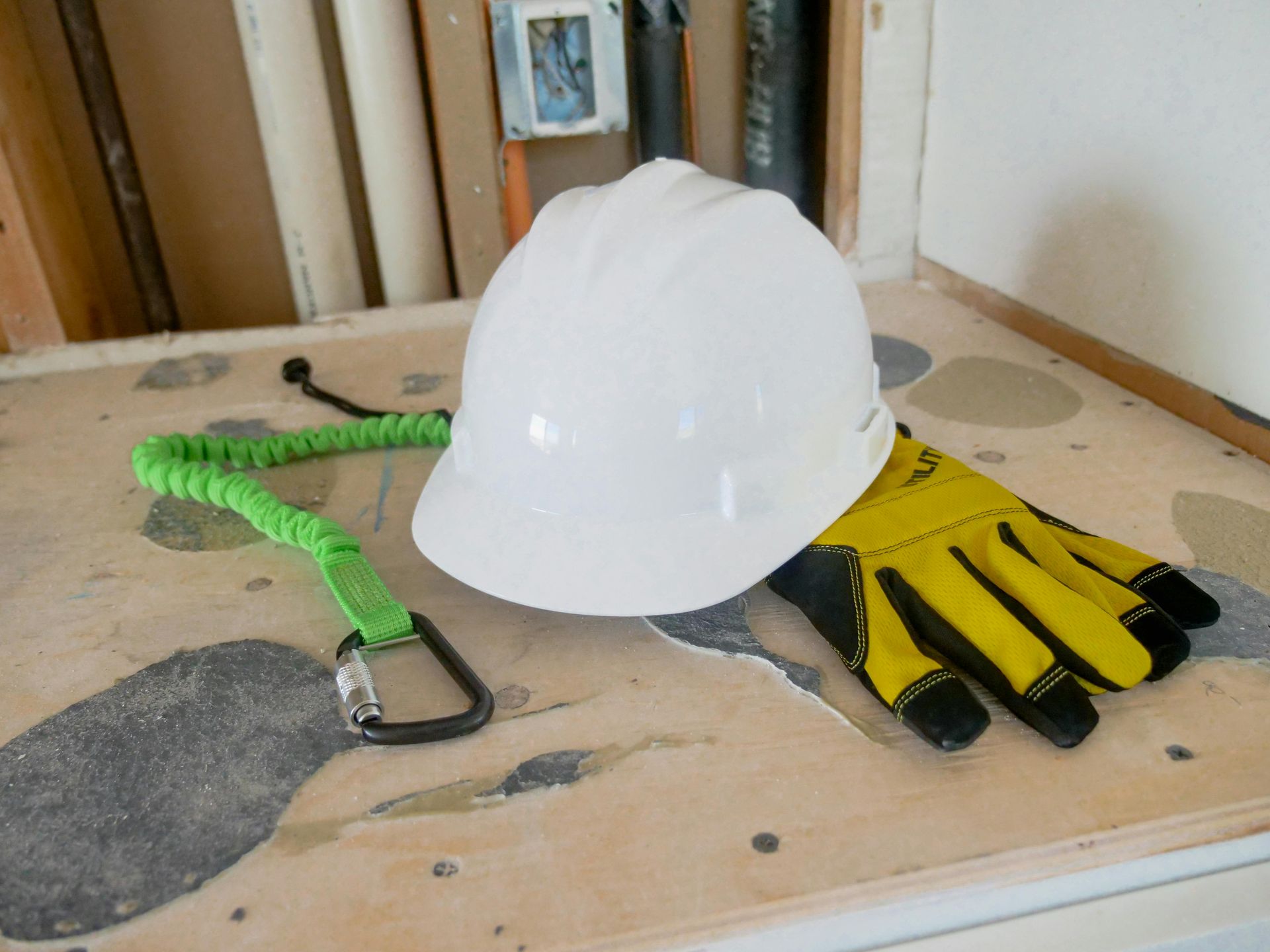 A hard hat and gloves are on a wooden table