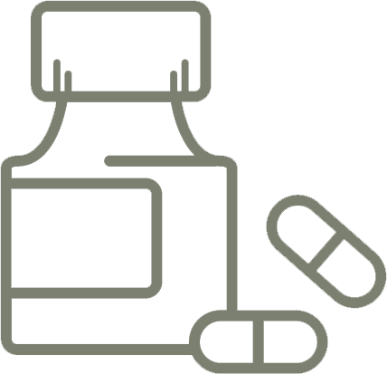 Outline of a medicine bottle with two capsules beside it, in gray and beige line art